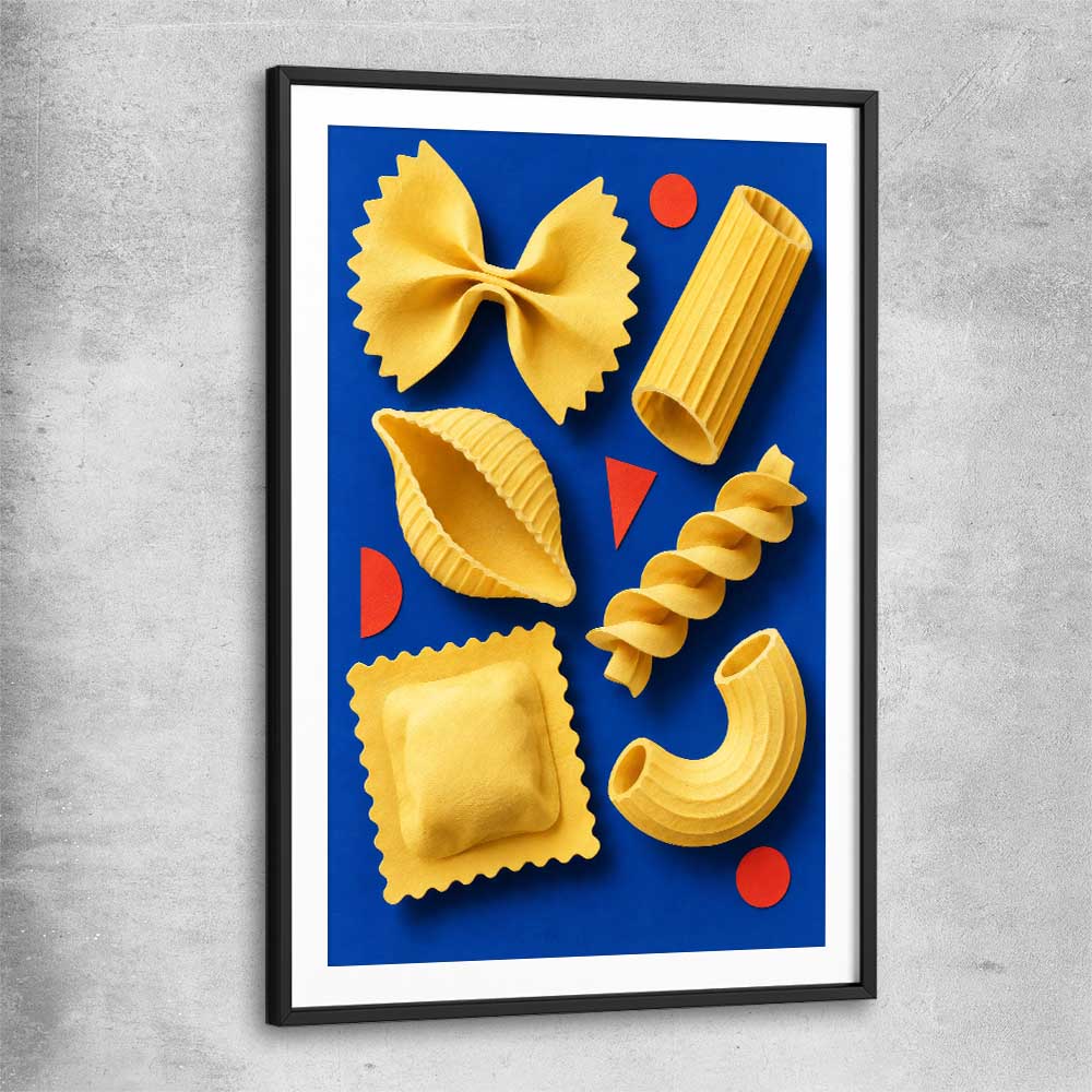 Sculptural Pasta black glass front frame is a colourful and stylish canvas wall art and print suited for the kitchen arean