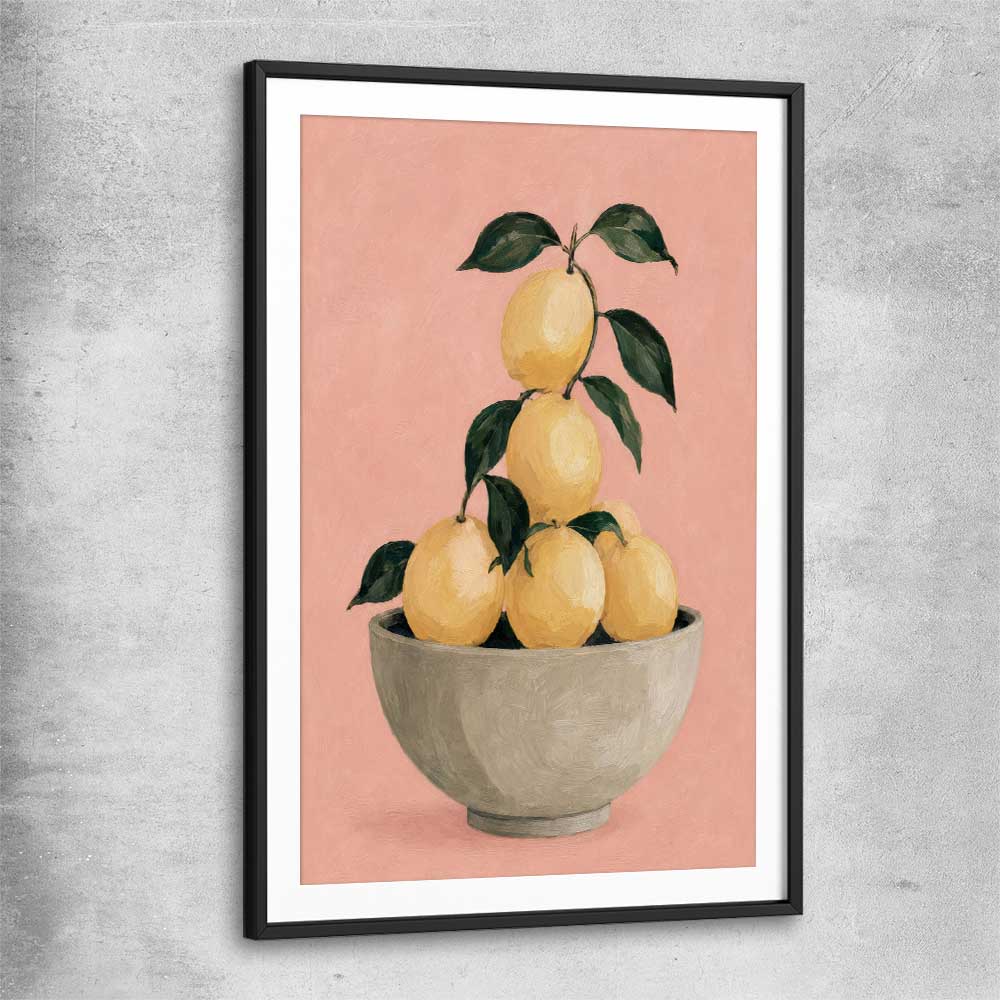 Sicilian Lemons black glass front frame is a colourful and stylish canvas wall art and print suited for the kitchen arean