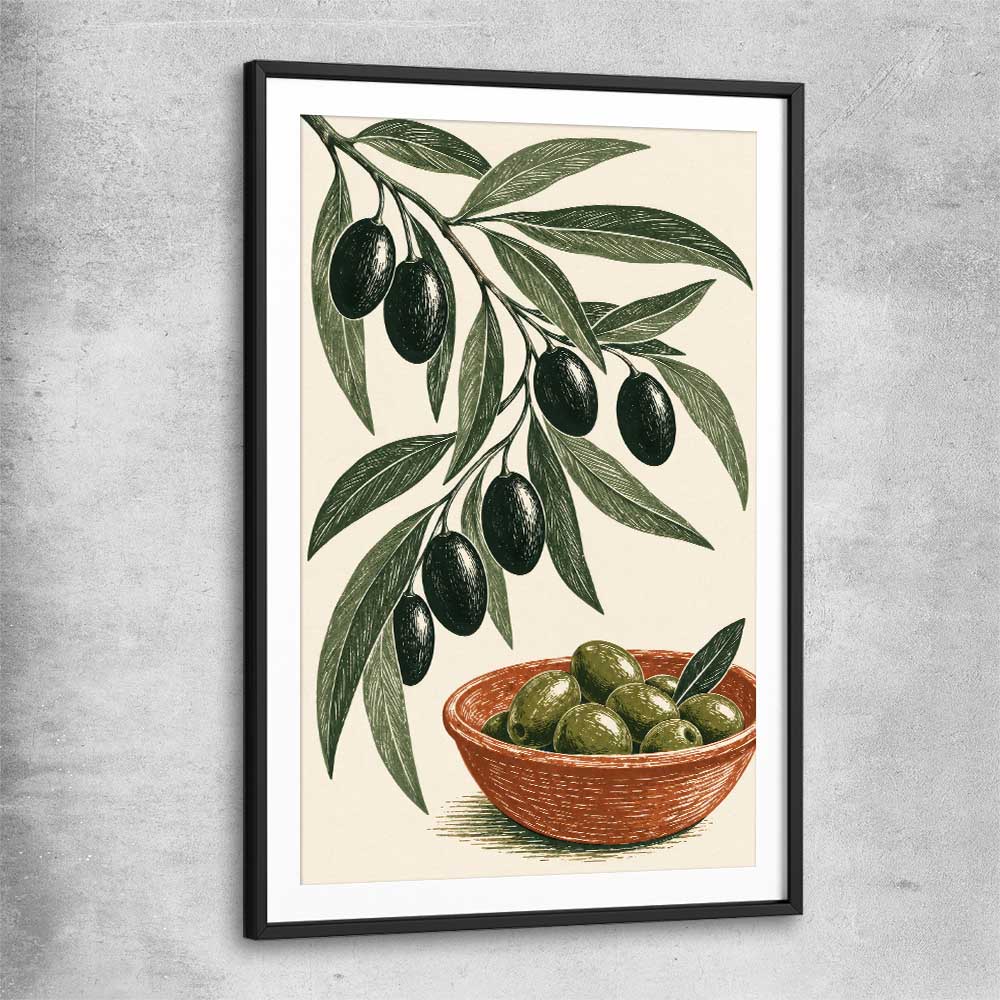 Terracotta Olive Branch black glass front frame is a colourful and stylish canvas wall art and print suited for the kitchen arean