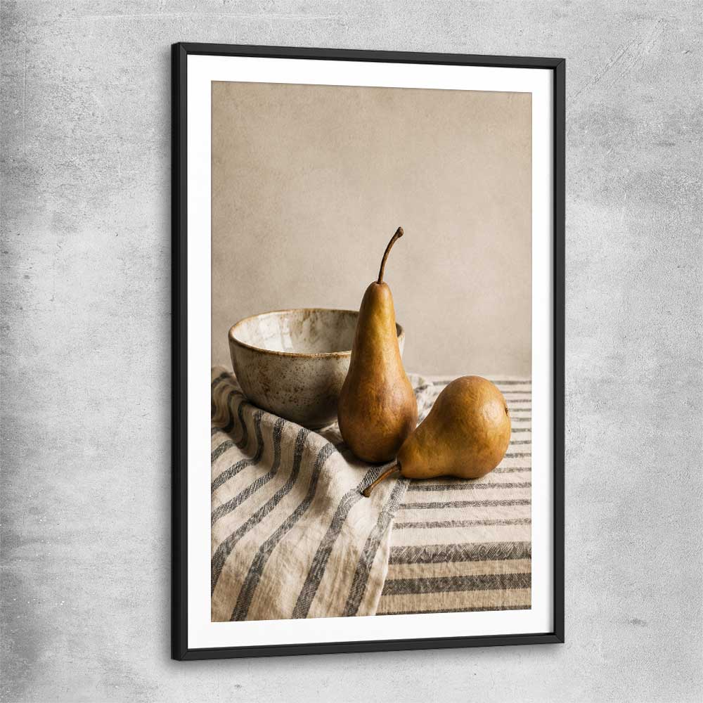 Tuscan Pears black glass front frame is a colourful and stylish canvas wall art and print suited for the kitchen arean