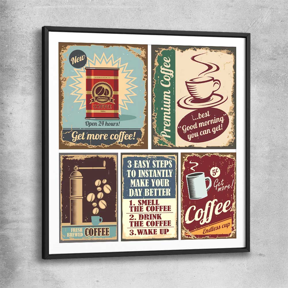 Vintage Coffee Collection black glass front frame is a colourful and stylish canvas wall art and print suited for the kitchen arean