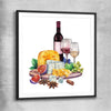 Wine and Cheese Feast black glass front frame is a colourful and stylish canvas wall art and print suited for the kitchen arean