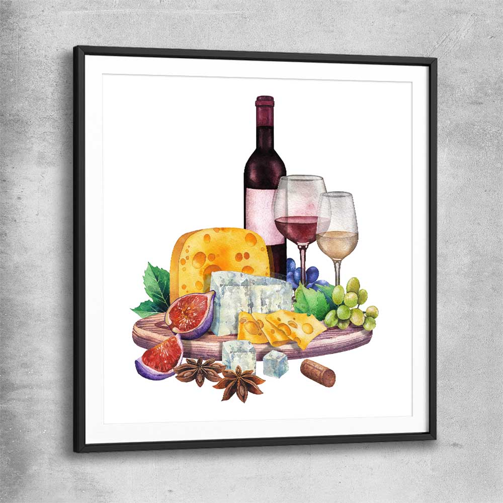 Wine and Cheese Feast black glass front frame is a colourful and stylish canvas wall art and print suited for the kitchen arean