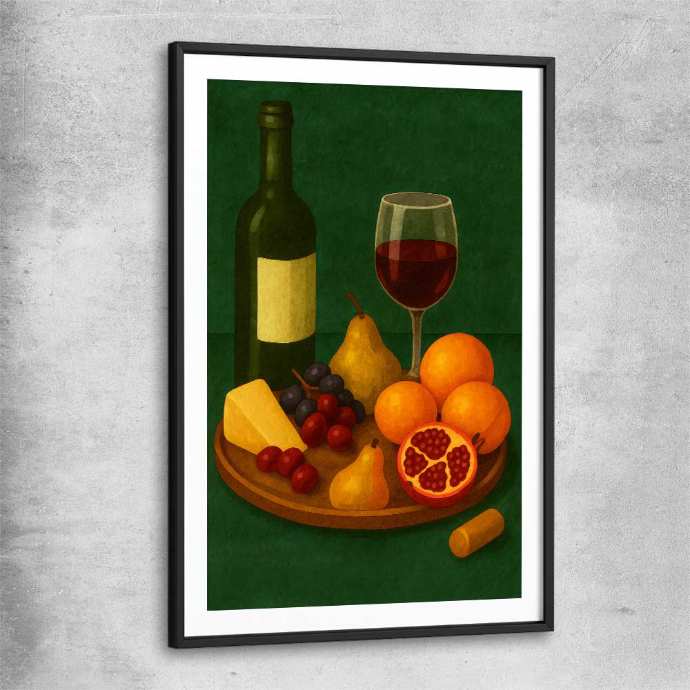 Wine at Dusk One black glass front frame is a colourful and stylish canvas wall art and print suited for the kitchen arean