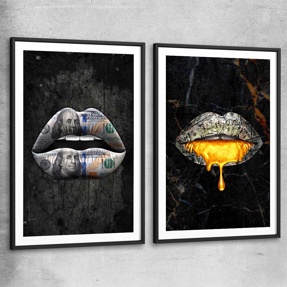 Money Lips Pair black glass front frame - part of our high quality canvas lips wall art collection