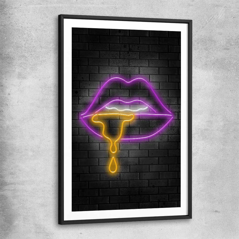 Neon Lips black glass front frame - part of our high quality canvas lips wall art collection