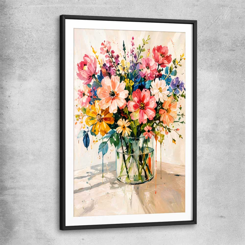 Floral print of Colourful Blooms with black glass front frame