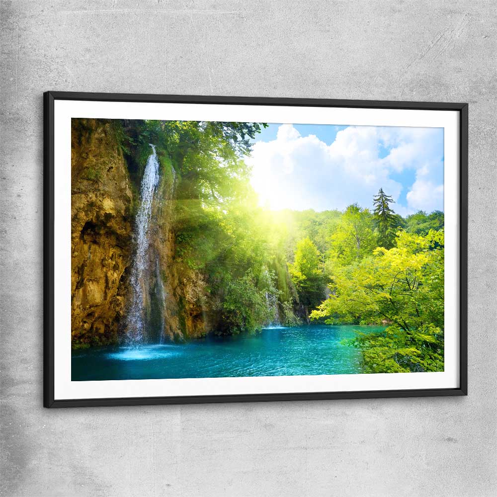 Floral print of Emerald Forest River with black glass front frame