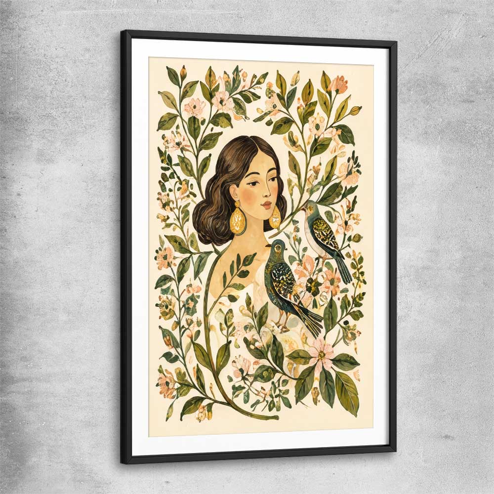 Floral print of Garden Muse with black glass front frame