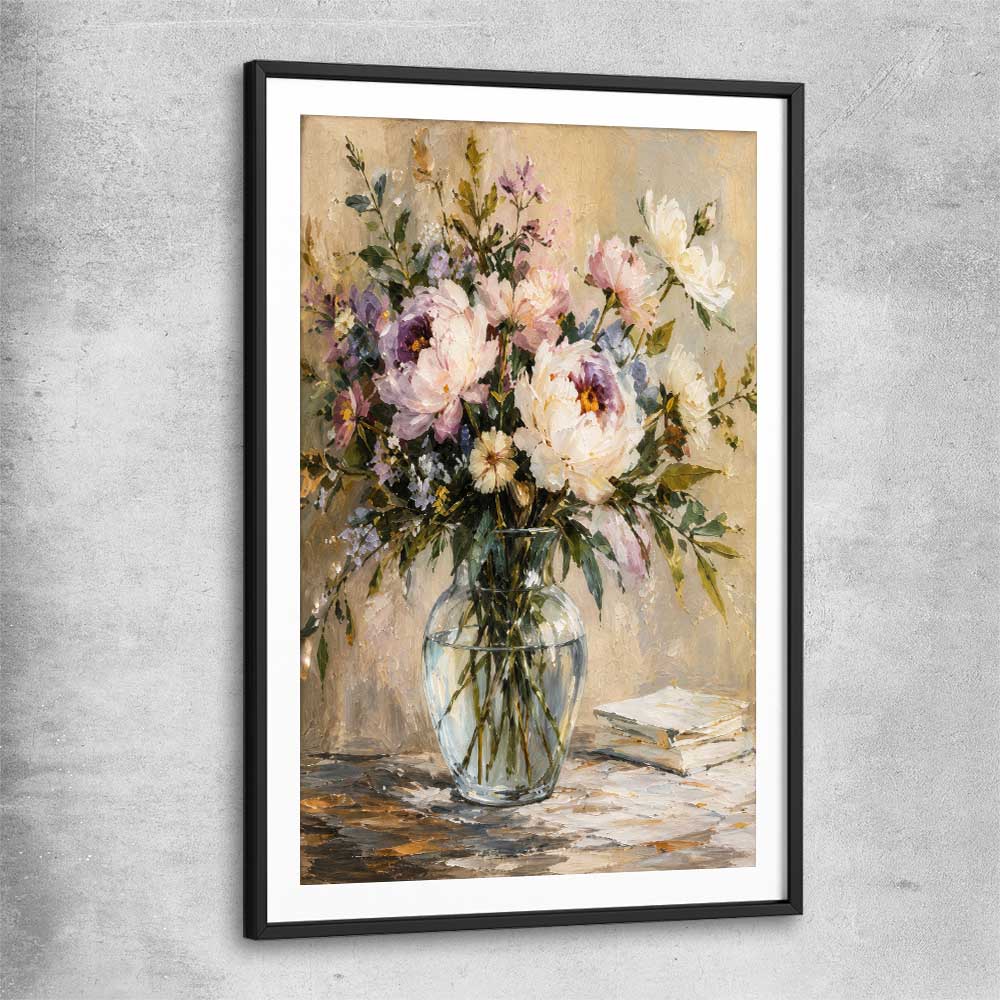 Floral print of Garden Peony with black glass front frame