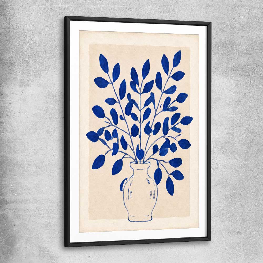 Floral print of Indigo Botanica with black glass front frame