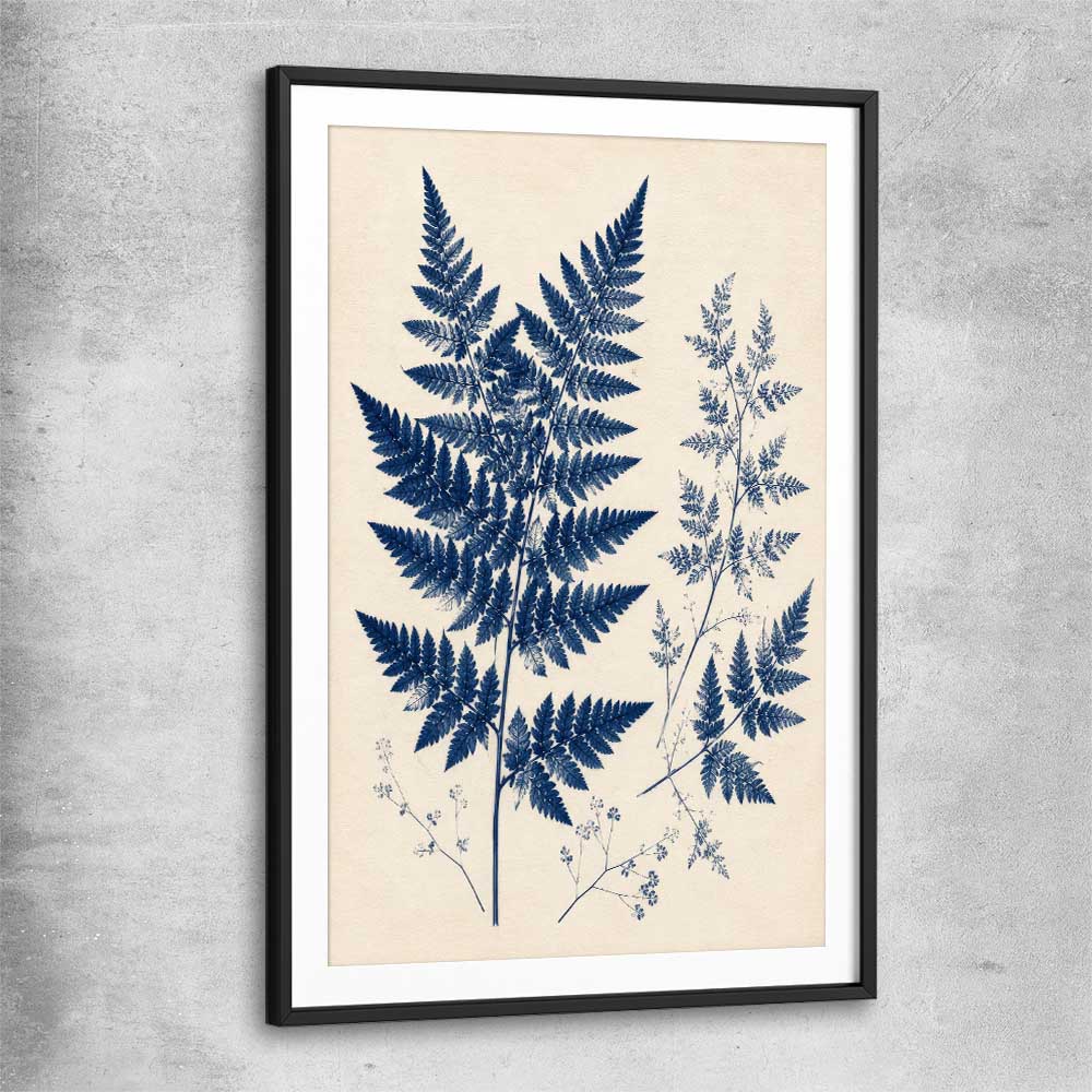 Floral print of Indigo Fern with black glass front frame
