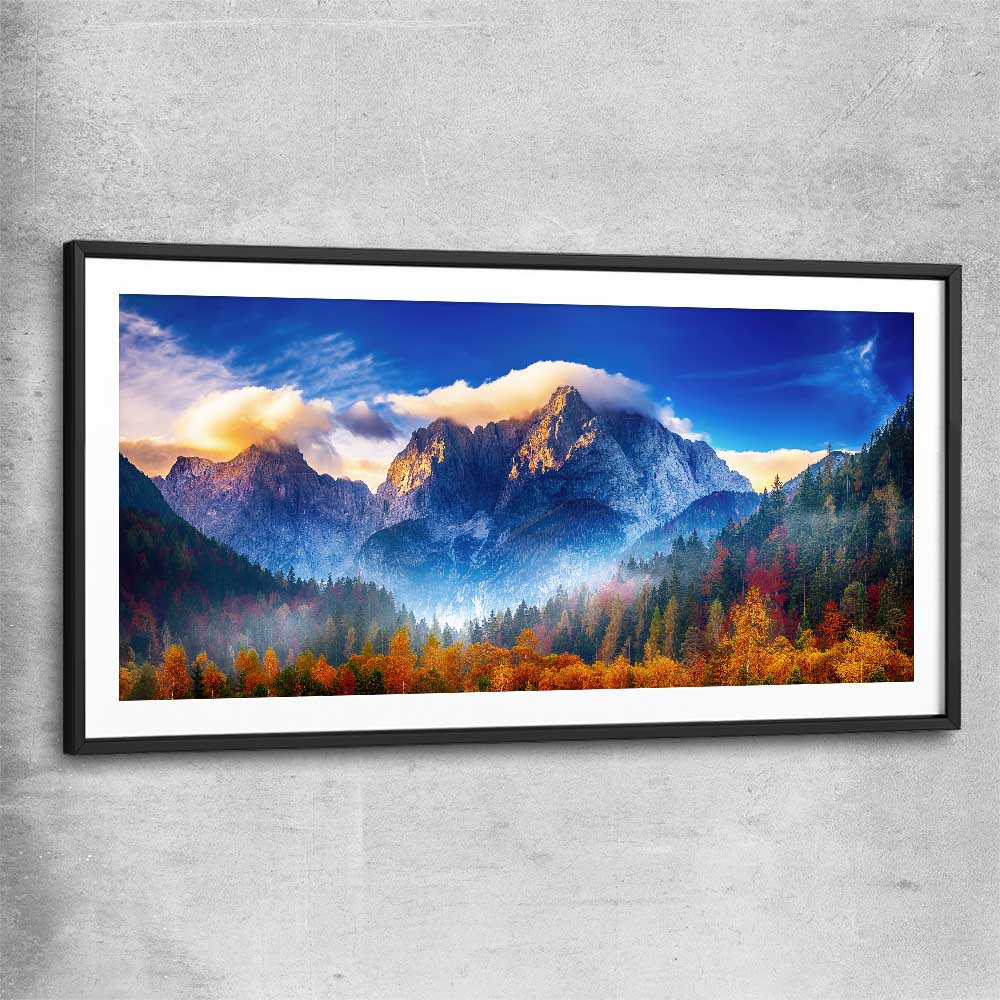 Floral print of Julian Alps Triglav Peak with black glass front frame