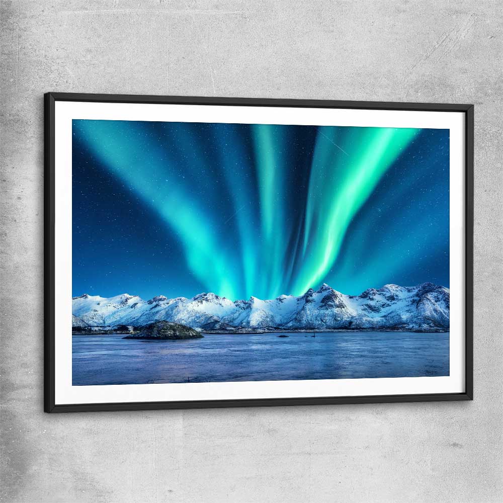 Floral print of Lofoten Aurora Norway with black glass front frame