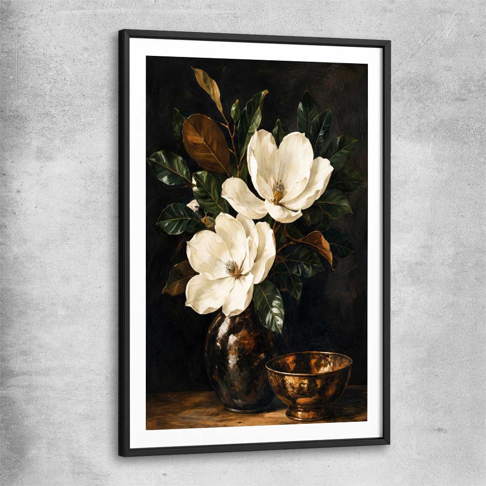 Floral print of Midnight Magnolia with black glass front frame