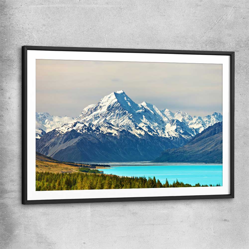 Floral print of Mount Cook Lake Tekapo with black glass front frame
