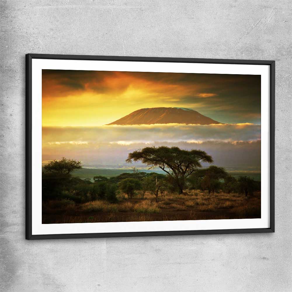 Floral print of Mount Kilimanjaro Sunset with black glass front frame
