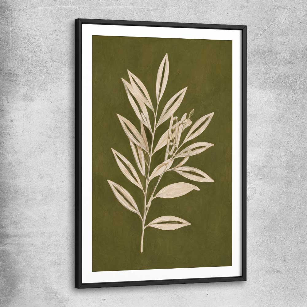 Floral print of Olive Branch with black glass front frame