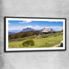 Floral print of Victorian Alps Craigs Hut with black glass front frame