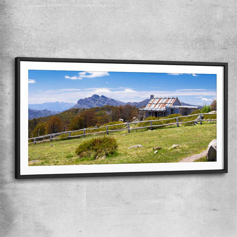 Floral print of Victorian Alps Craigs Hut with black glass front frame
