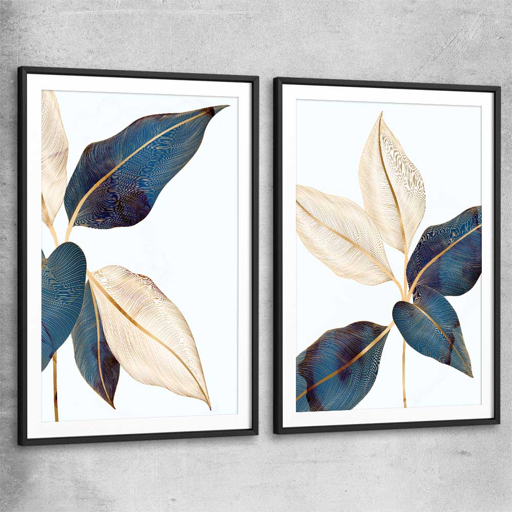 Floral print of Botanic Blue Pair with black glass front frame