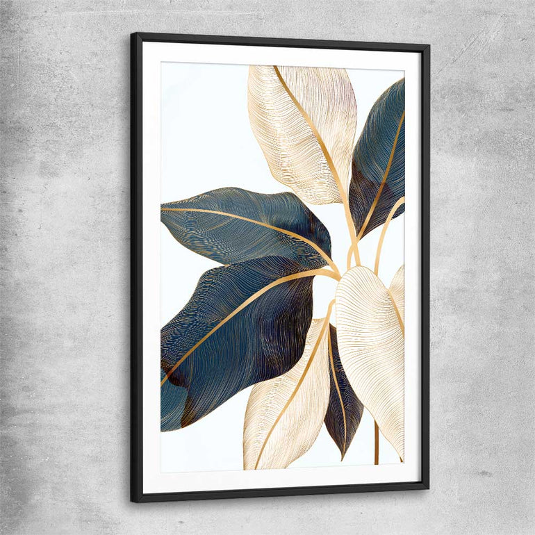 Floral print of Botanic Blue Three with black glass front frame