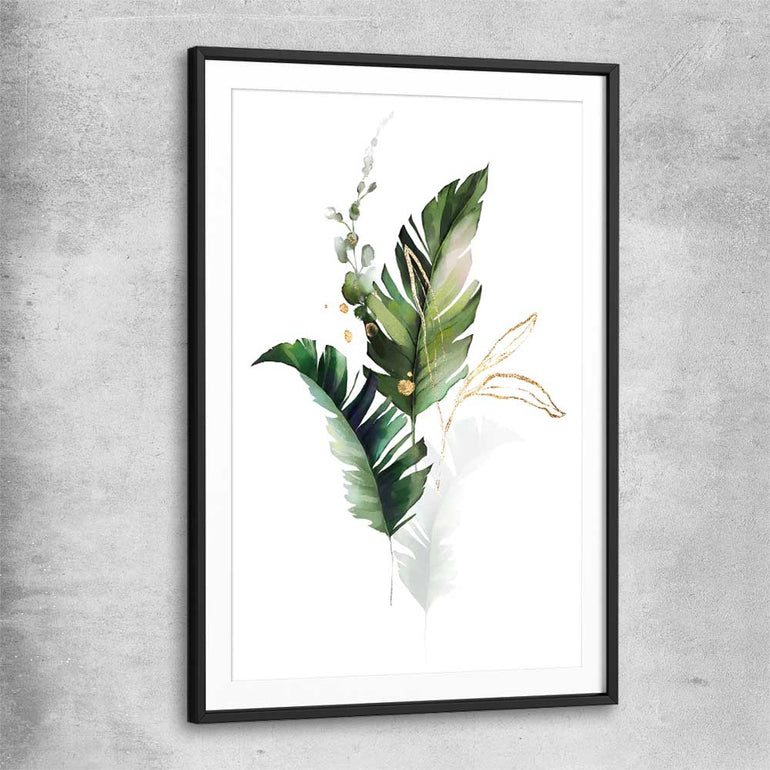 Floral print of Botanic Gold One with black glass front frame