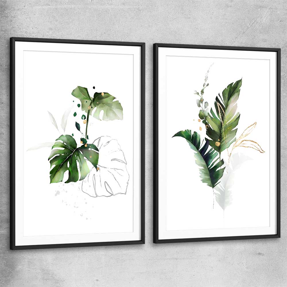 Floral print of Botanic Gold Pair with black glass front frame