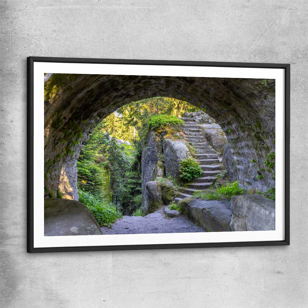 Floral print of Broumovske Steny Arch with black glass front frame