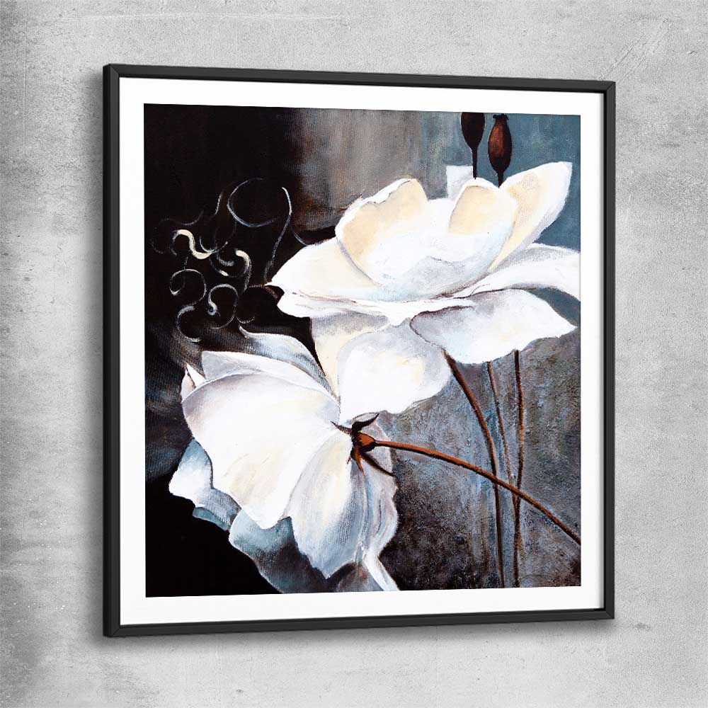 Floral print of Calming White Flowers with black glass front frame