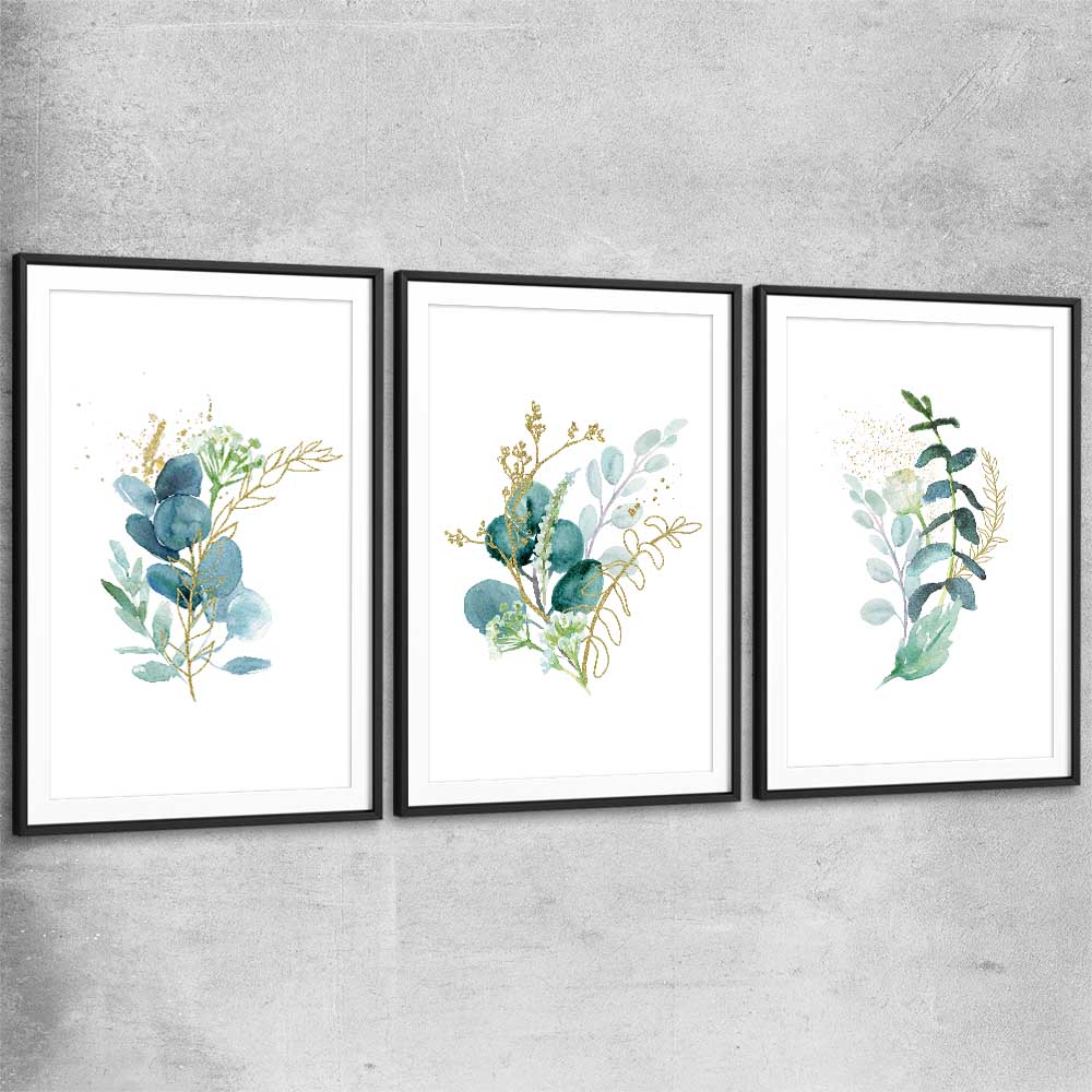 Floral print of Eucalyptus Bunch Set with black glass front frame