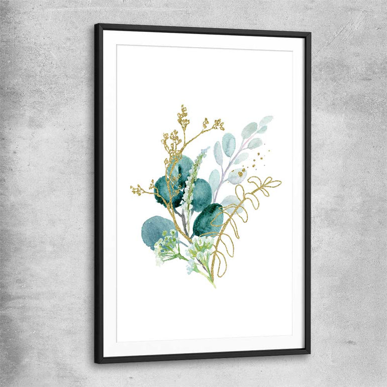 Floral print of Eucalyptus Bunch Two with black glass front frame