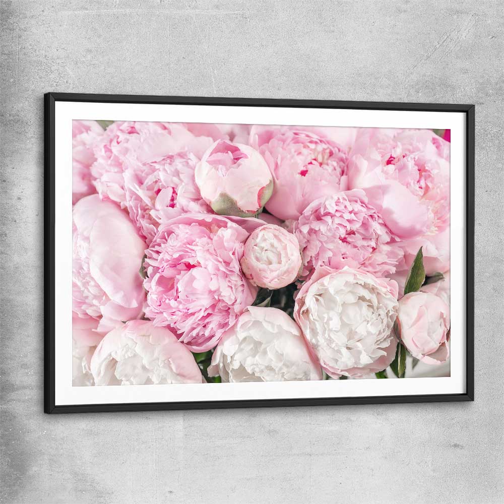 Floral print of Peony Bouquet with black glass front frame