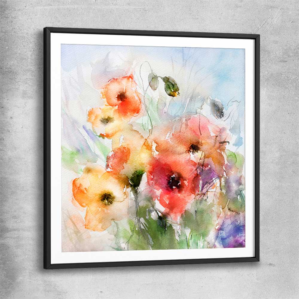Floral print of Red Watercolour Poppies with black glass front frame