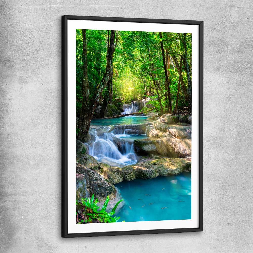 Floral print of Tropical Thailand Waterfall with black glass front frame