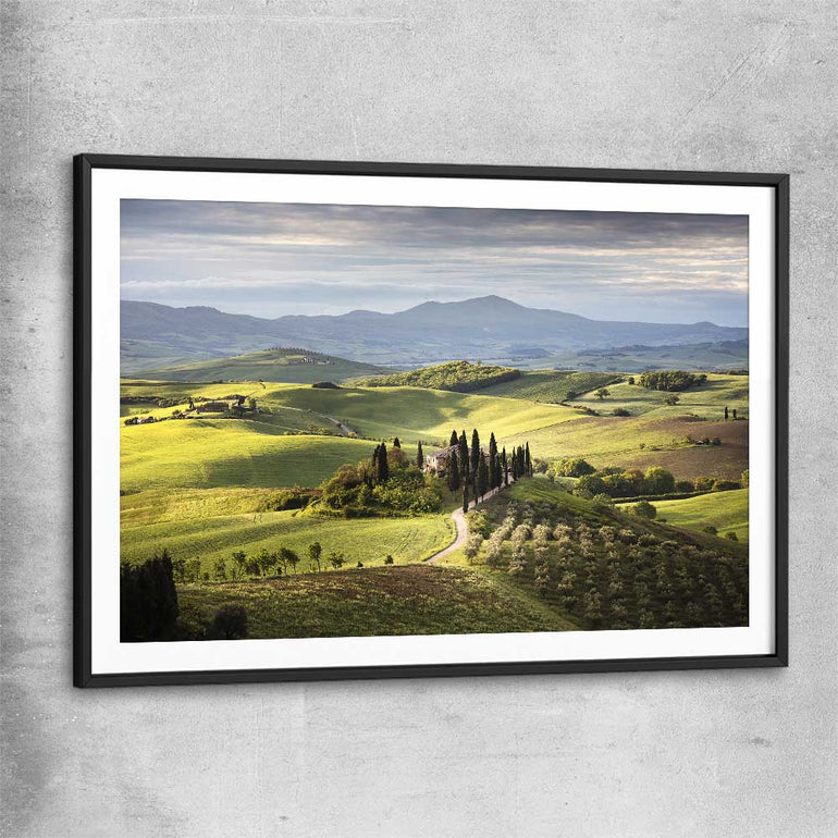 Floral print of Tuscan Countryside with black glass front frame