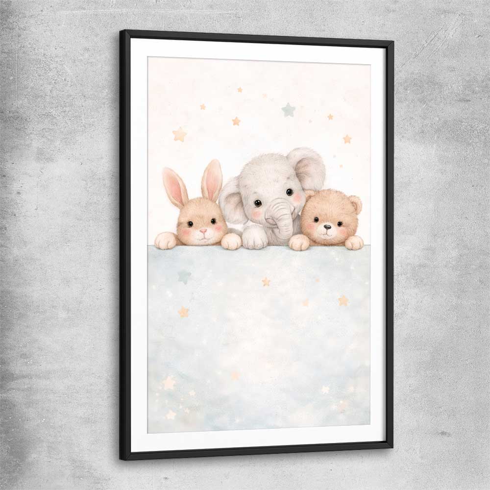 Baby Animal Trio black glass front frame is a nursery canvas wall art and print suited for childrens nursery area