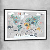 Cartoon World Map black glass front frame is a nursery canvas wall art and print suited for childrens nursery area