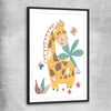 Cheerful Giraffe black glass front frame is a nursery canvas wall art and print suited for childrens nursery area