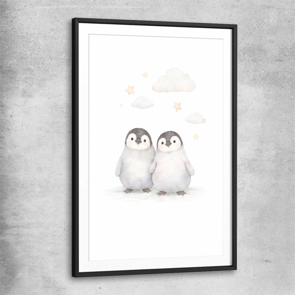 Cute Penguins black glass front frame is a nursery canvas wall art and print suited for childrens nursery area