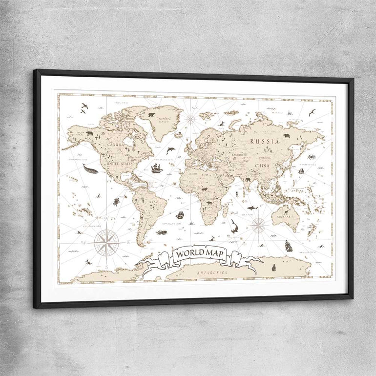 Education Map black glass front frame is a nursery canvas wall art and print suited for childrens nursery area