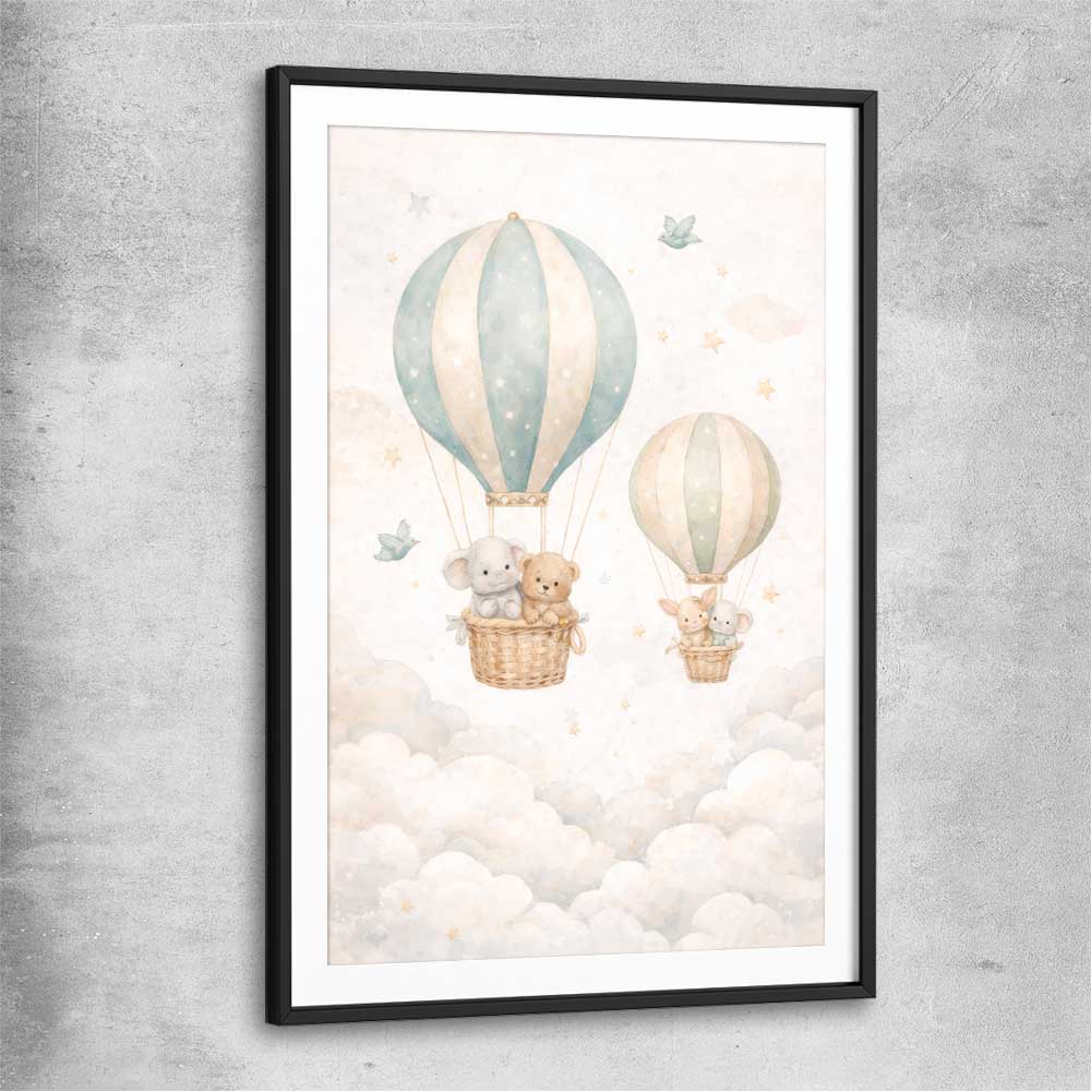 Floating Dreams black glass front frame is a nursery canvas wall art and print suited for childrens nursery area