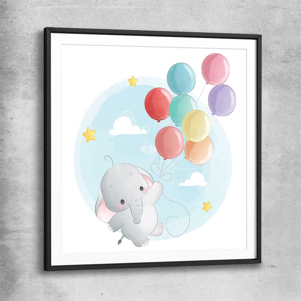 Flying Baby Elephant black glass front frame is a nursery canvas wall art and print suited for childrens nursery area