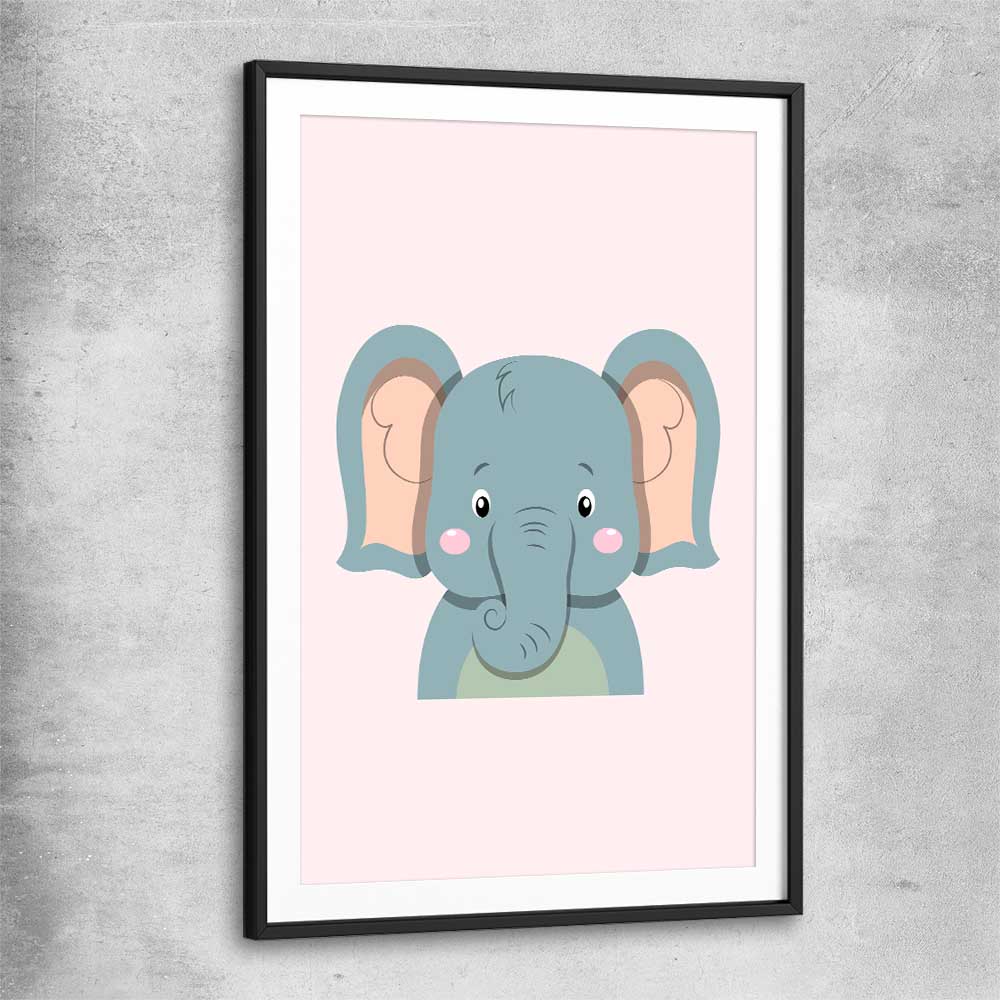 Friendly Elephant black glass front frame is a nursery canvas wall art and print suited for childrens nursery area