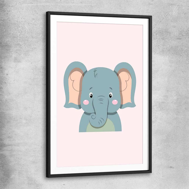 Friendly Elephant black glass front frame is a nursery canvas wall art and print suited for childrens nursery area