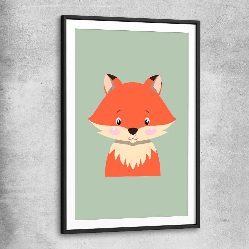 Friendly Fox black glass front frame is a nursery canvas wall art and print suited for childrens nursery area