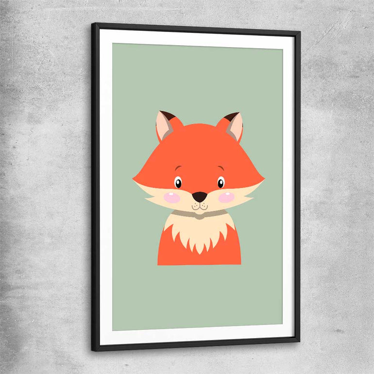 Friendly Fox black glass front frame is a nursery canvas wall art and print suited for childrens nursery area