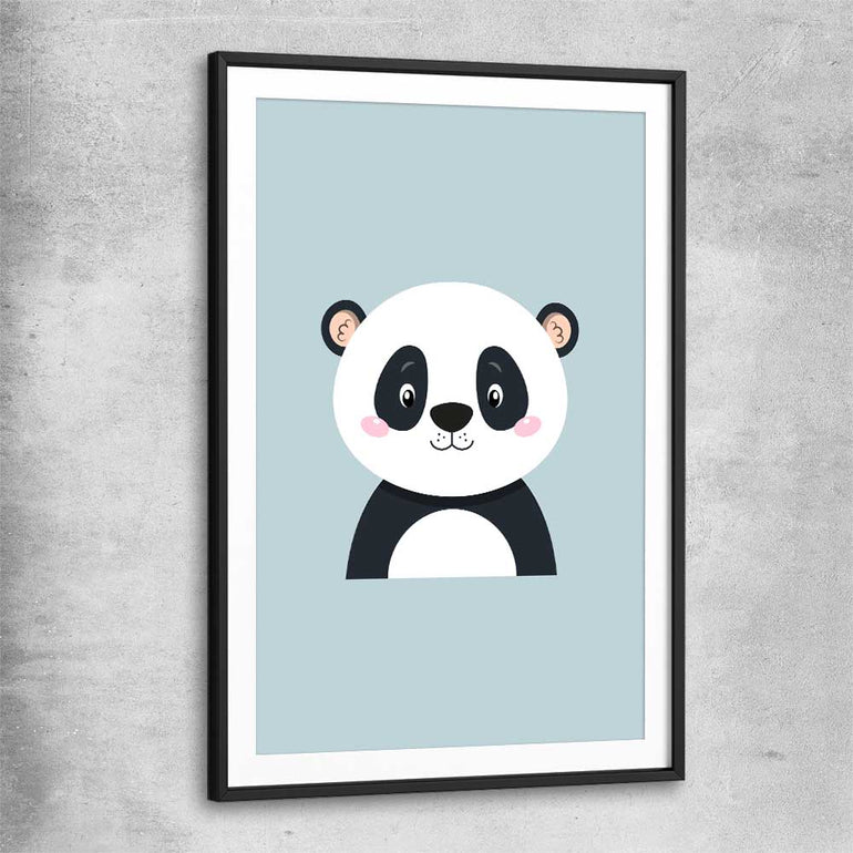 Friendly Panda black glass front frame is a nursery canvas wall art and print suited for childrens nursery area