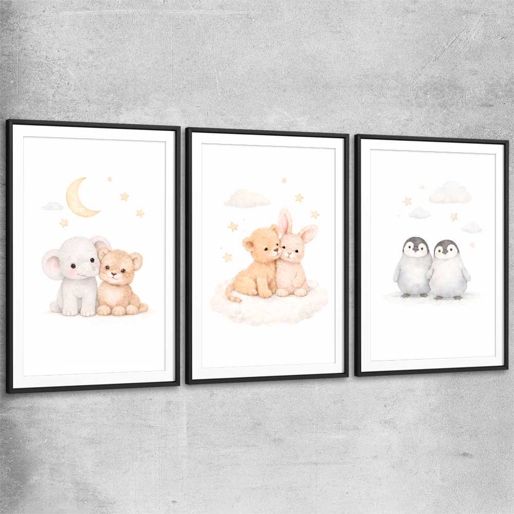Moonlight Companions Set black glass front frame is a nursery canvas wall art and print suited for childrens nursery area