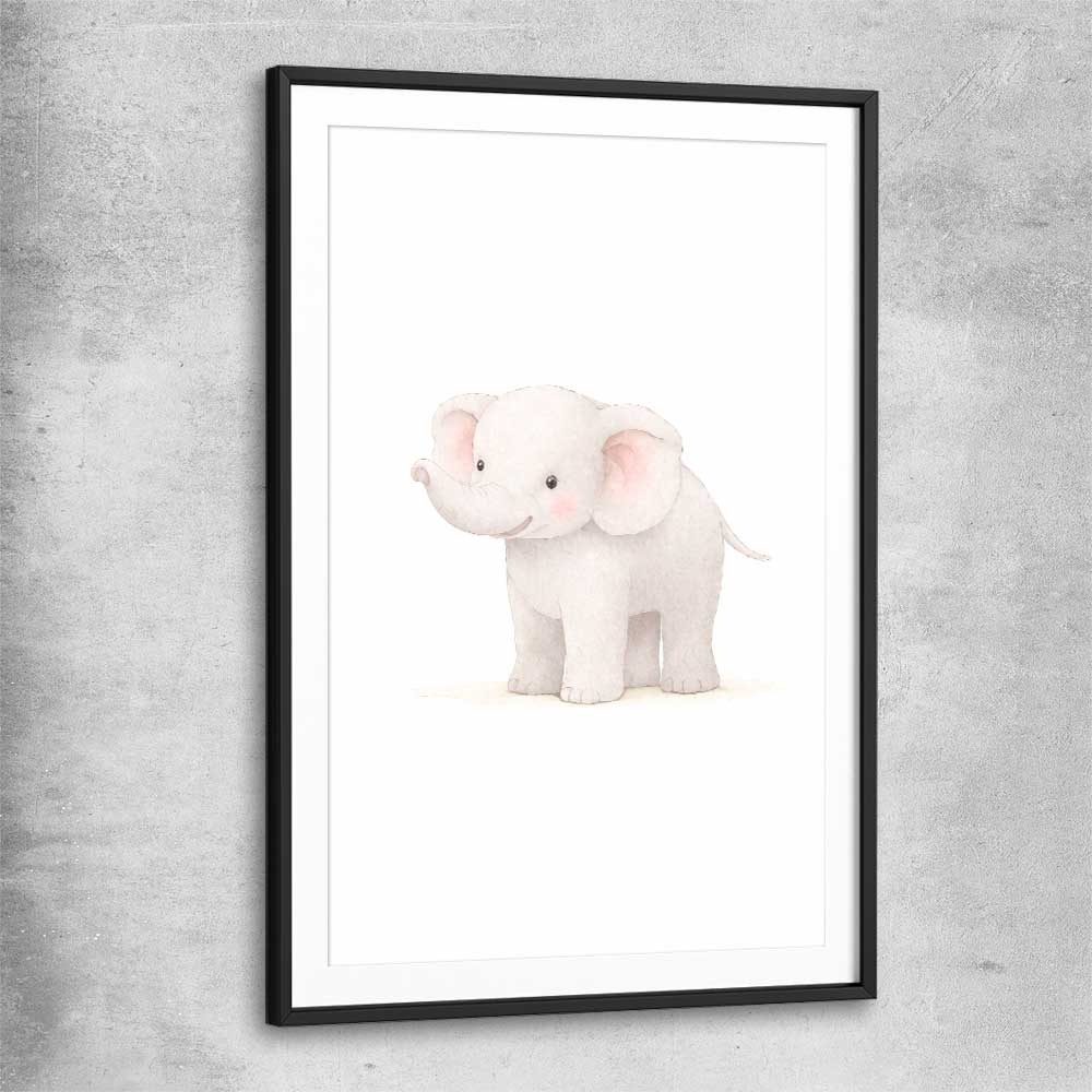 Little Elephant black glass front frame is a nursery canvas wall art and print suited for childrens nursery area